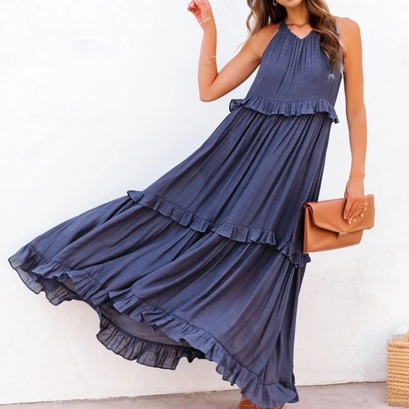 Navy Ruffled Sleeveless Tiered Maxi Dress with Pockets - Picture 2 of 11